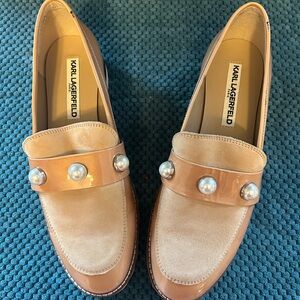 7.5 Karl Lagerfeld tan embellished slip - ons